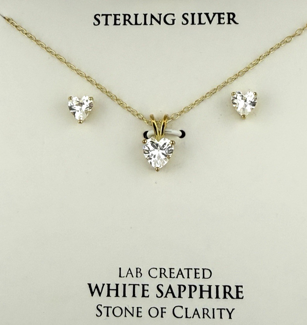 Lab Created White Sapphire Heart Necklace + Stud Earrings 18K Gold Vermeil NEW